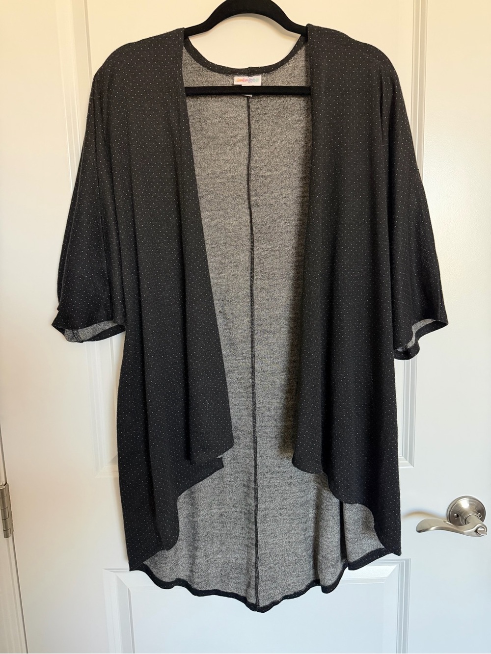 LuLaRoe Lindsey Open-Front Black Cardigan with tiny polkadot pattern